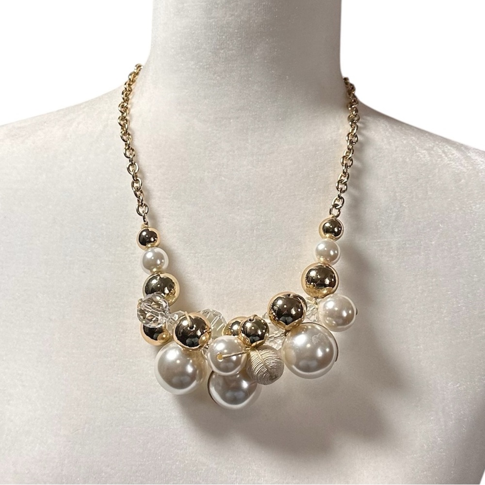 Pearl & Chrystal Gold Tone Cluster Necklace